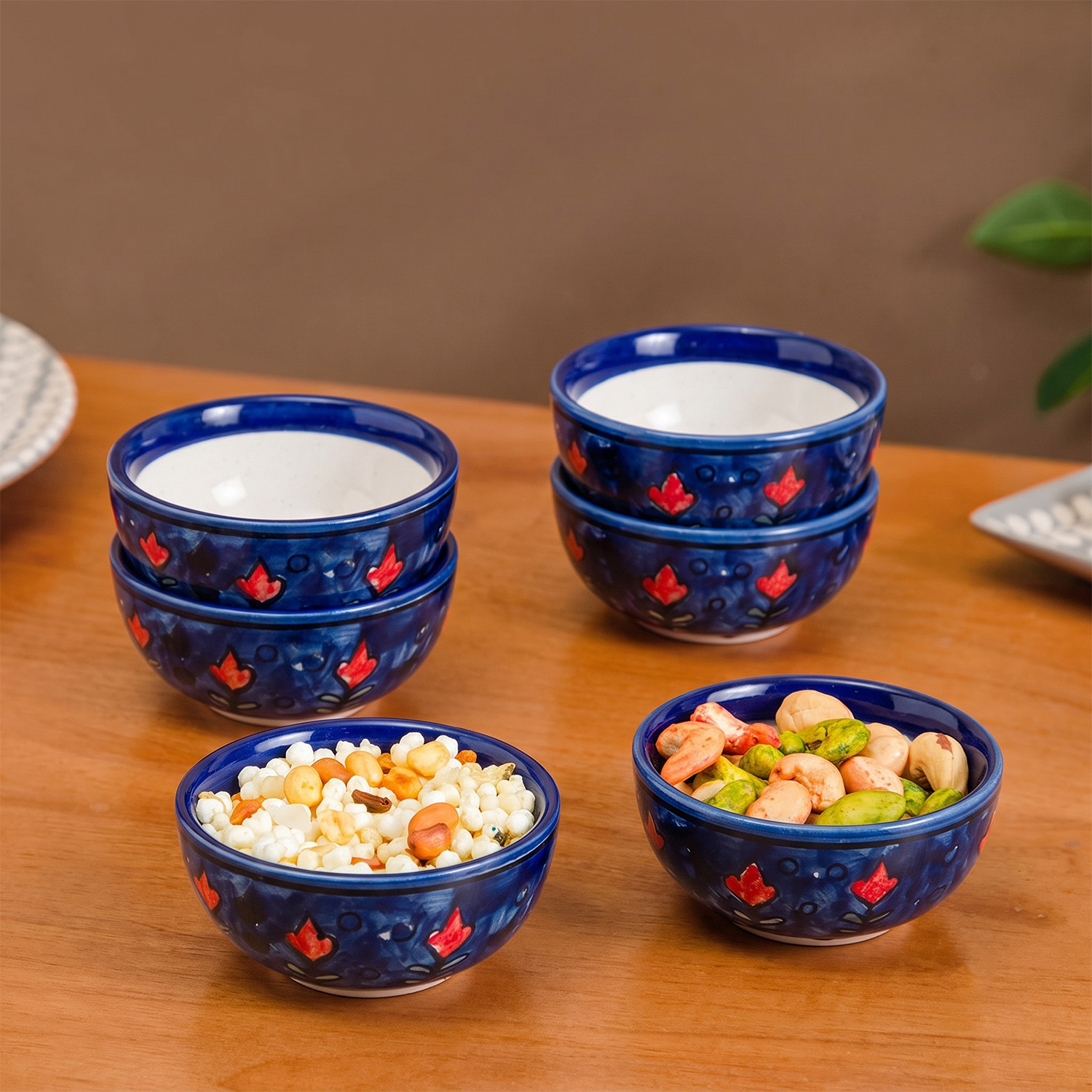 Blue & Red Ceramic Katori Bowl / Portion Bowl Set of 6 (220 ML) view 2