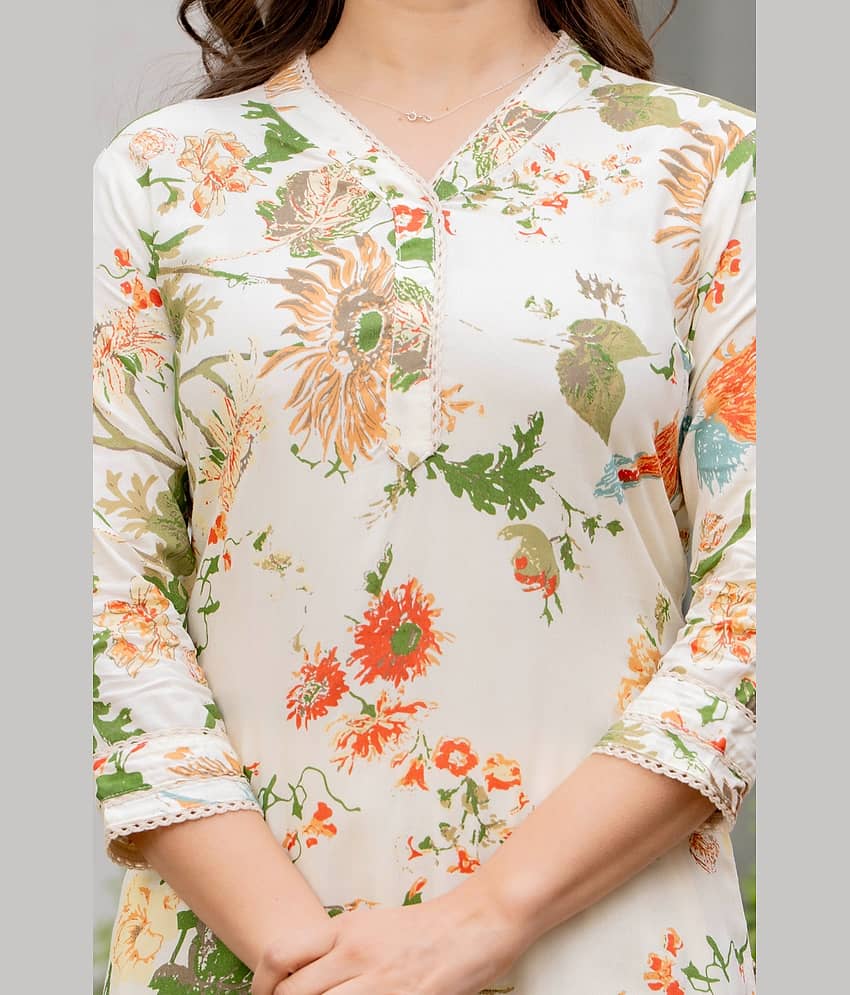MAUKA Women Rayon Printed Straight Kurti With Pants ( Cream ) view 2