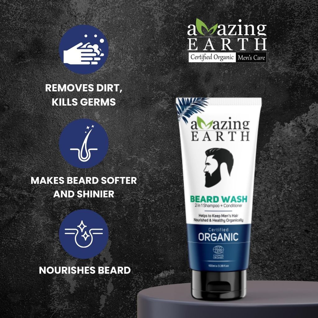 AMAzing EARTH 2 in 1 Beard Wash for Men - Shampoo + Conditioner for Hard Curly Beard with Bhringraj, Henna, Acacia & Argan Oil Certified Organic, Sulphate & Paraben Free, 100% Natural & Vegan - 100ml view 2