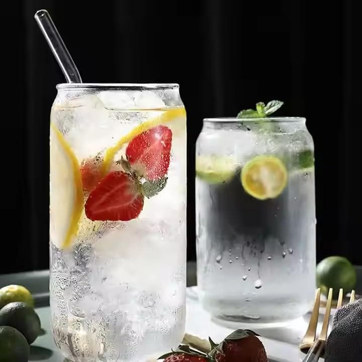 Beer Glass Can, 400 ML Drinking Glasses with Straw, Tumbler for Cold Coffee, Smoothies, Milk, Juice, Soda, Coke Hot & Cold Mix Drink Beverages (Pack of 2)