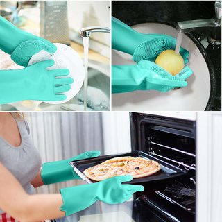 Silicone Gloves with Wash Scrubber, Reusable Brush Heat Resistant Gloves Kitchen Tool for Cleaning, Dish Washing view 2
