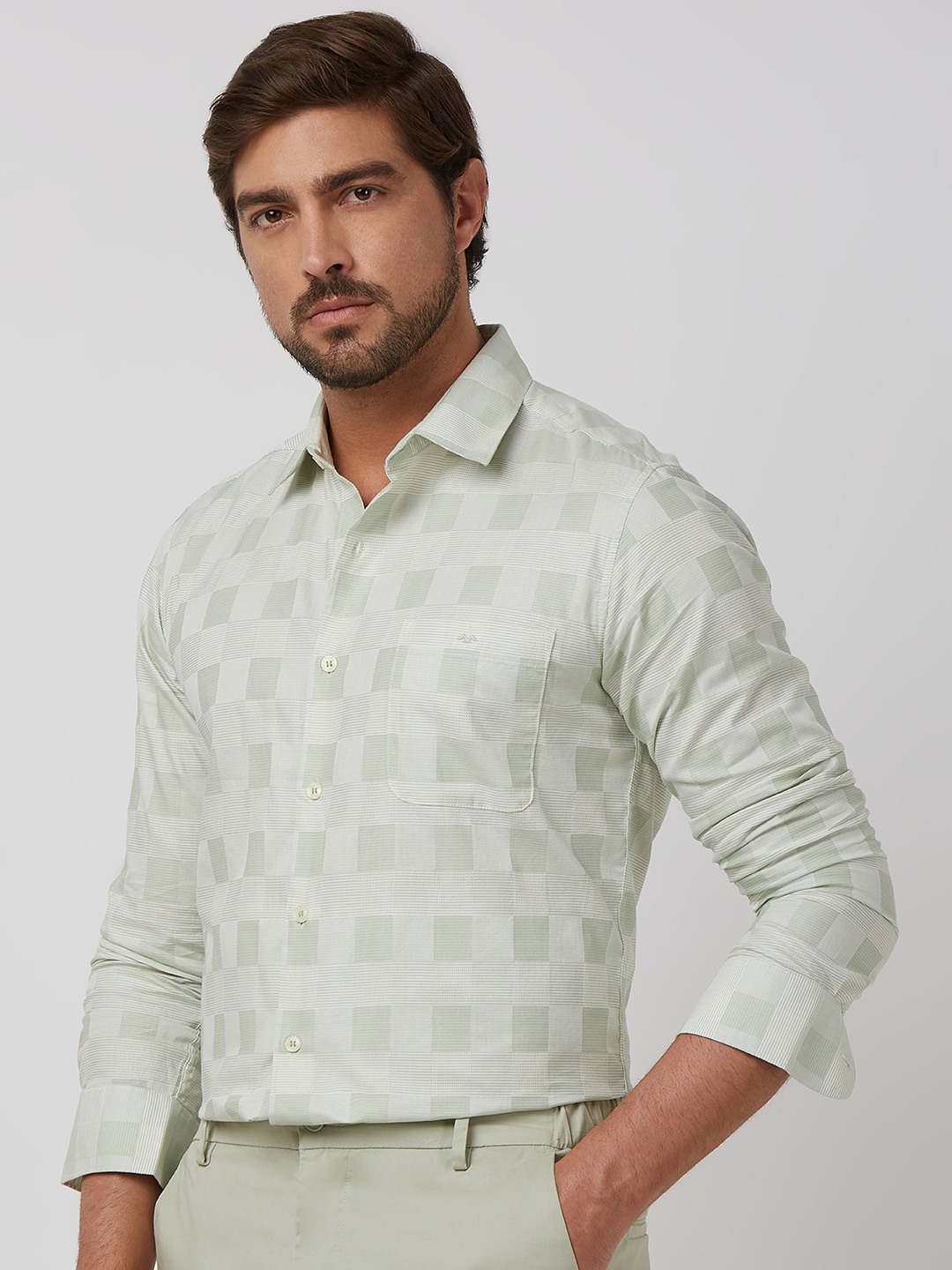 Light Green Tonal Check Slim Fit Casual Shirt view 2