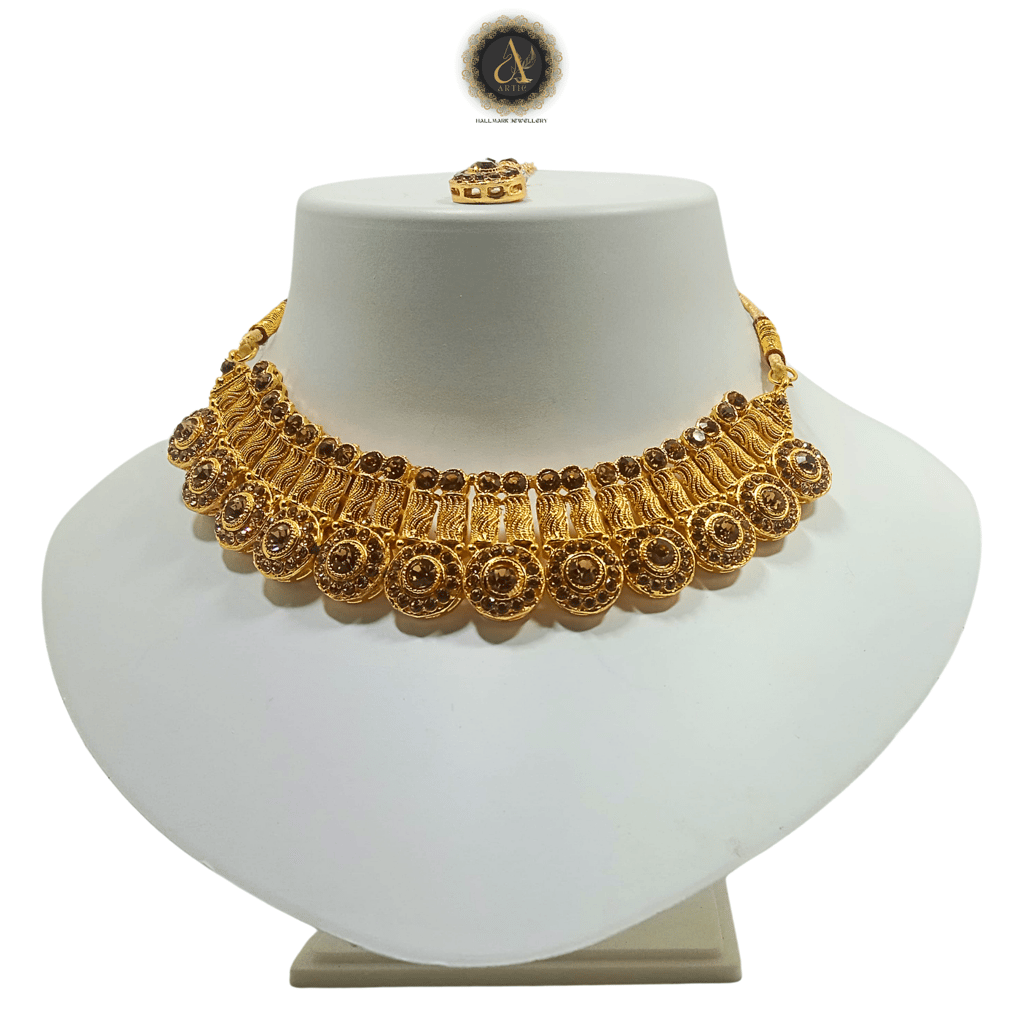 Artik Hallmark - Luxury Handcrafted Gold Plated Spiral Necklace Set with Earrings And Mangtika, Brown AD, Suited for Party Wedding Festive for Women view 2