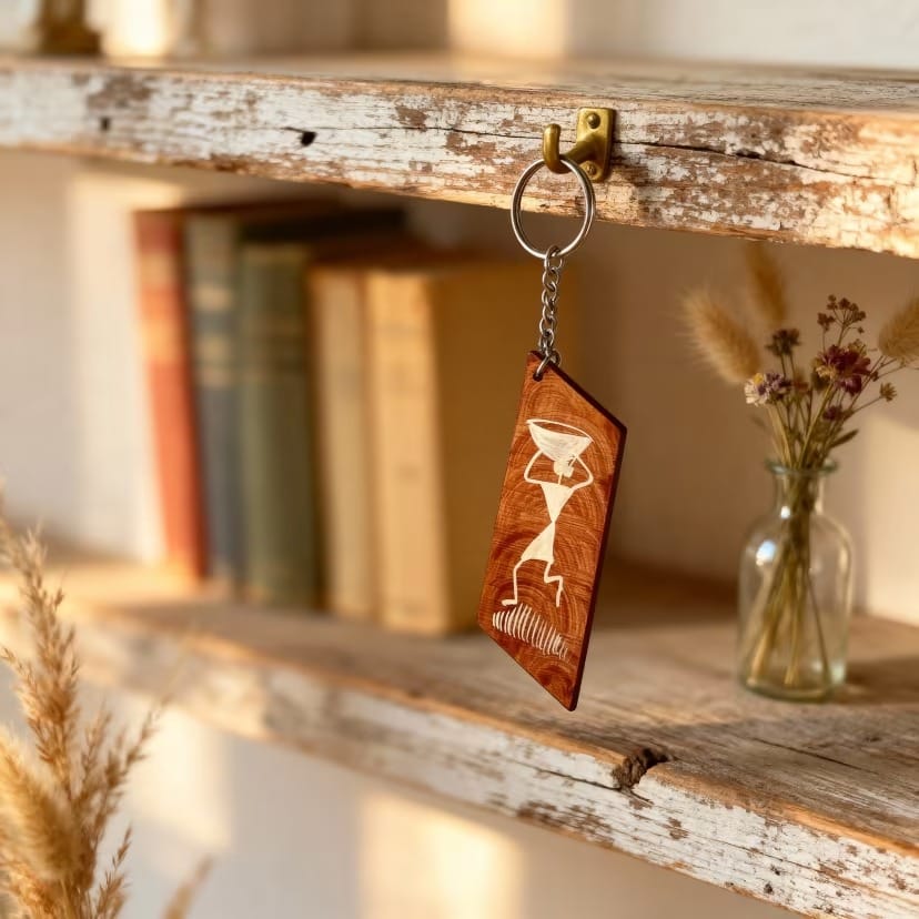 Wooden Warli Art Keychain view 2
