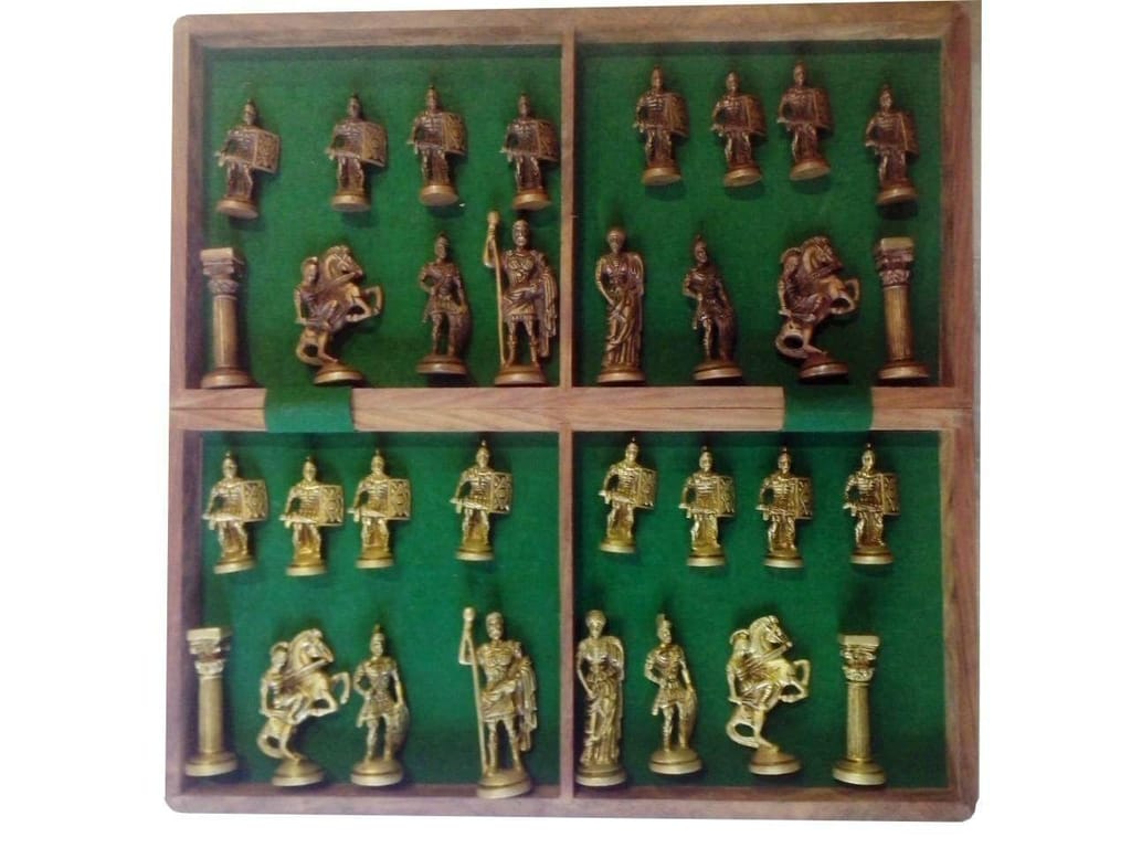 Artvarko 16"x16" Wooden Folding Chess Game Board Set+ Brass Roman Figure Pieces for Gifting, Home Decor & Playing,Gold color view 2