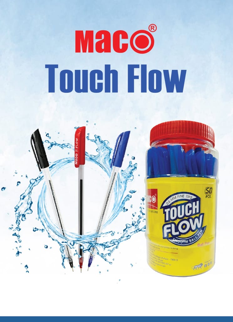 MACO Touch Flow Ballpoint Pens In 50 Pcs Jar| Hexagonal Design for better Grip| Smooth Writing with smooth ink flow| Blue Ink, Pack of 50