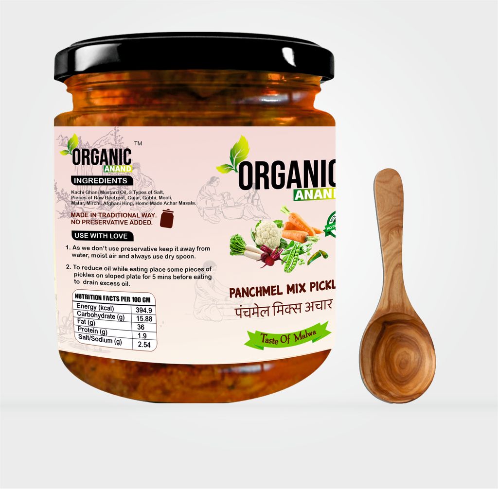 Organic Anand Natural Panchmel Pickle (Mixed Veg Aachar / No Garlic / Jain Achar) Beetroot, Mooli, Matar Gajar, Gobhi, Shalgam ka Achar, Homemade Aachar with Neemwood Spoon (500gm-Pack of 1) view 2