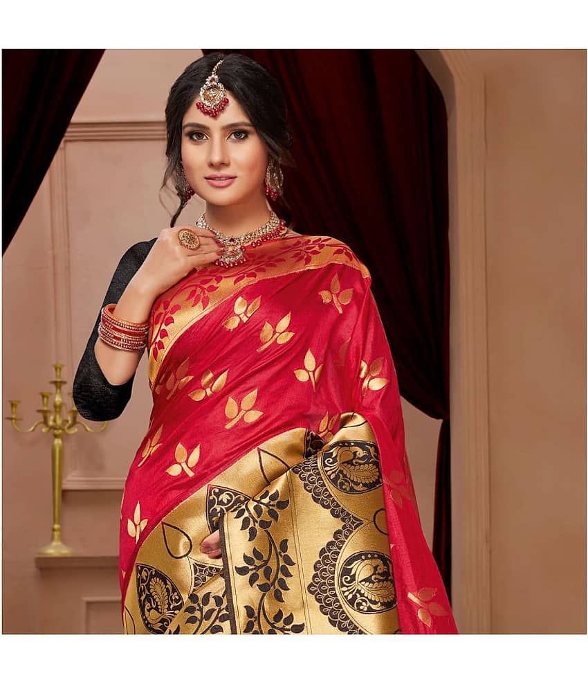 Aarrah Cotton Silk Saree With Unstitched Blouse Piece ( Red ) view 2