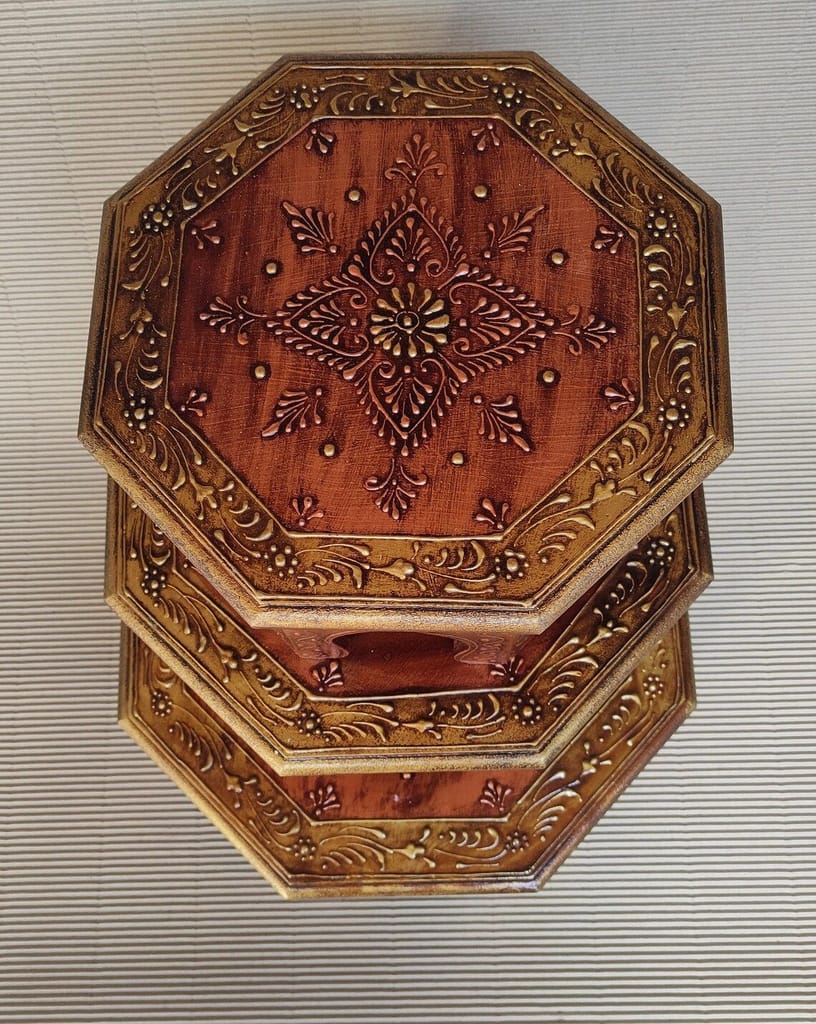 Home Design Wood Painted Bajot-Chowki for Pooja/Sitting Chowki for All Purpose/Pooja Decor/Chowki/Patla/Chowki for Daily Prayer Home Décor(Octangle Copper -Set of 3) view 2