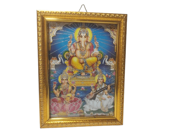 Gold-Framed Deity Print of Lakshmi, Saraswati, and Ganesha view 2