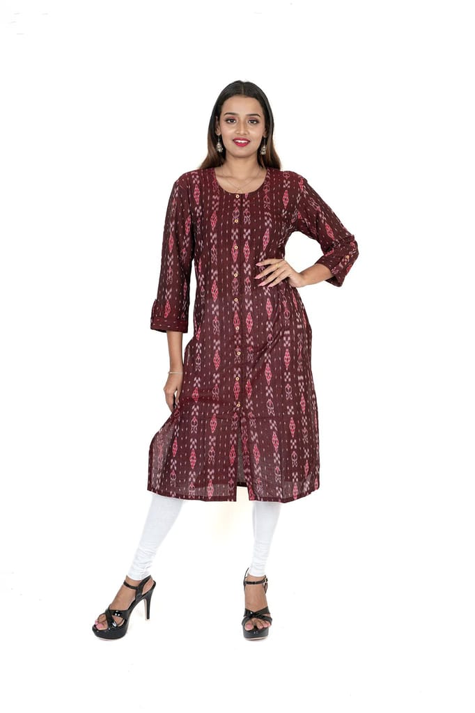 GHL GUENDICHA HAAT Sambalpuri Certified Handloom Women's Pure Cotton Round Neck Front Slit Kurta