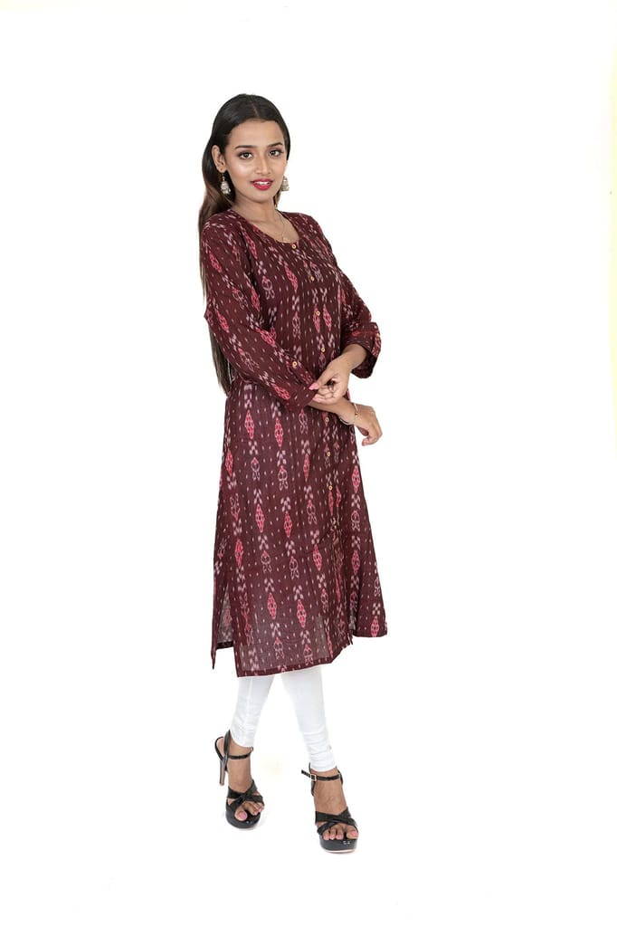 GHL GUENDICHA HAAT Sambalpuri Certified Handloom Women's Pure Cotton Round Neck Front Slit Kurta view 2