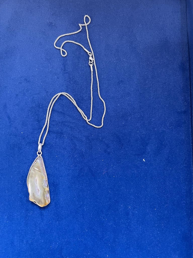 TULIP Natural Purple Agate Slice Pendant Necklace, Silver Tone Chain with Lobster Clasp, Irregular Organic Shape, Translucent Gemstone, 45cm Chain Length view 2