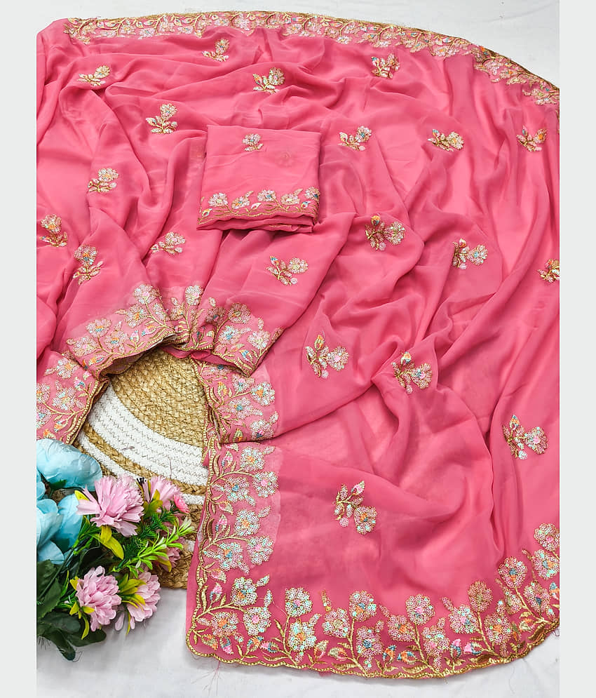 VEDANT VASTRAM Georgette Embroidered Regular Saree With Unstitched Blouse Piece ( Yellow )