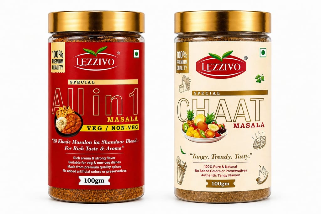 LEZZIVO Taste Enhancer Combo (200g) | All In One Masala + Chaat Masala | 2 Jars x 100g