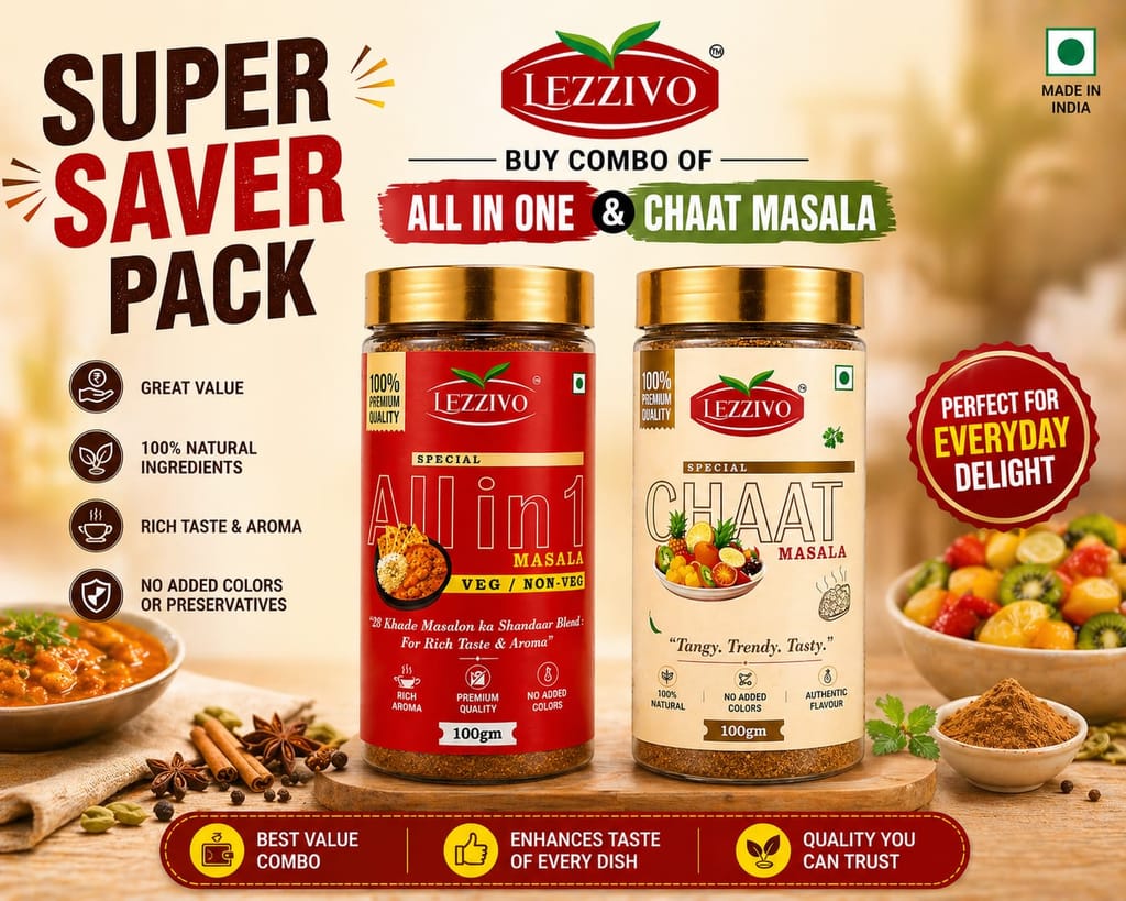LEZZIVO Taste Enhancer Combo (200g) | All In One Masala + Chaat Masala | 2 Jars x 100g view 2