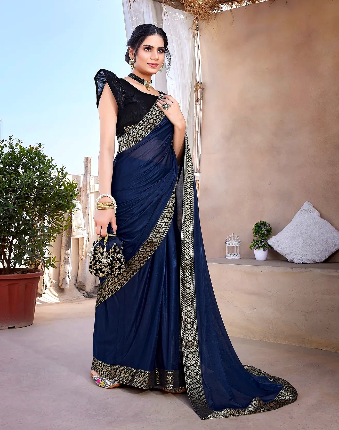 Lycra Saree with Lace Border (Color - Navy Blue) by SHIV TEXTILES view 2
