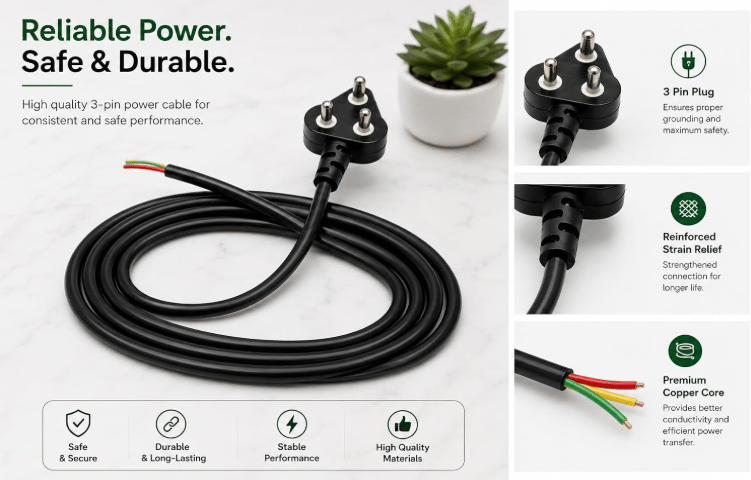 Heavy Duty 3 Pin Power Cable with Premium Copper Core & PVC Insulation with Open Wire Ends 250V and 1.5meter | Universal Power Cord for TV, Computer, Monitor, Speaker, Printer & Home Appliances | Durable & Reliable Power Supply view 2