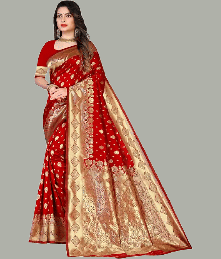 GARIYA Banarasi Silk Embellished Saree With Unstitched Blouse Piece ( Wine )