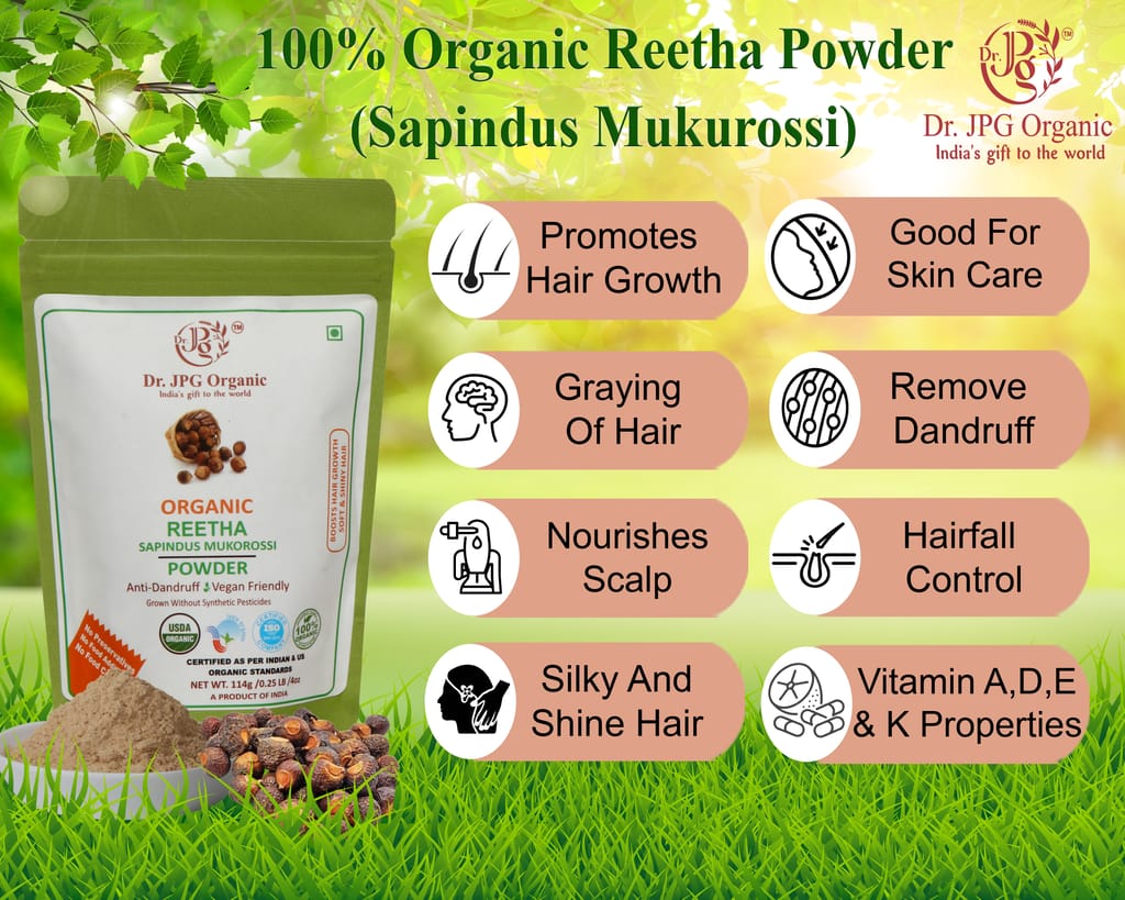 Dr. JPG Organic herbals Reetha/Ritha powder 228 g | Aritha/Arith/Areetha For Hairs | INDIA Organic, ISO & GMP Certified | No Added Colors and Flavors. No Food Additives. No Preservatives.pack of 2 view 2