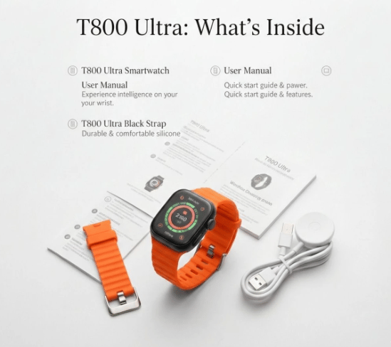 T800 Ultra Smartwatch with Orange Silicone Strap (Bluetooth Calling & Fitness Tracker) view 2