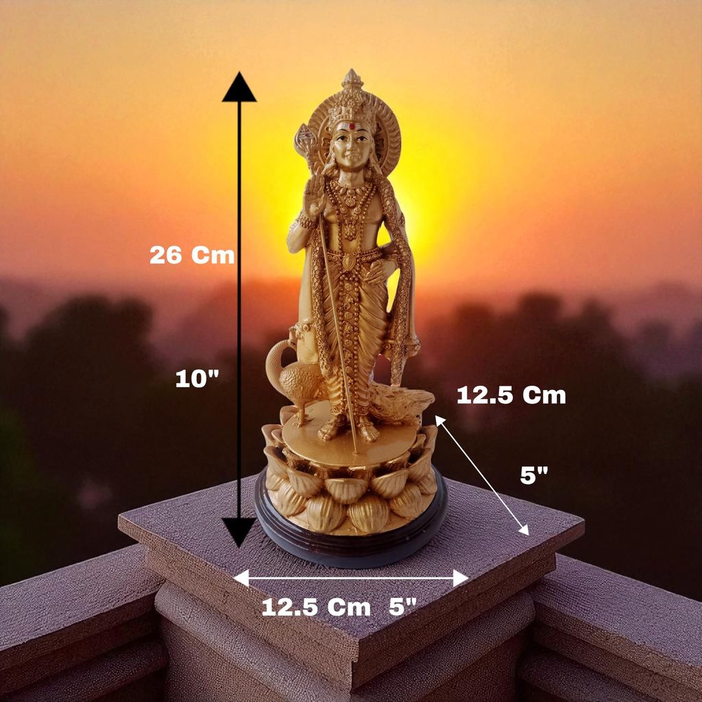 AMS Lord Murugan Idol for Home | Kartikeya Murti for Puja Room, Office & Gift | Decorative Skanda Statue with Peacock | Murugan Statue 26 cm Resin with Wooden Base Spiritual Showpiece view 2