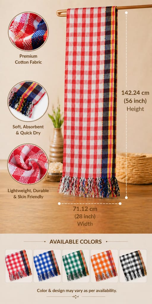Cotton Gamcha Towel, 100% Pure Cotton, Checkered, Soft, Absorbent, Quick Dry, 28x56 Inch, Pack of 2 view 2