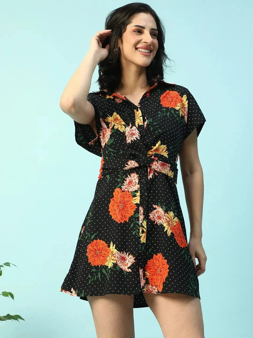 Fashion Black Floral Print Belt Detail Collared Women Button Down Dress