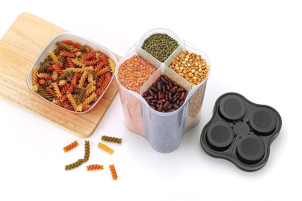 HAPPI Multipurpose Plastic 4 In 1 Masala Box for Kitchen, Spice Boxes for Kitchen, Transparent 4 Section Storage Containers Airtight Lock Grocery,Cereal,Dry Fruits Dabba 2500 Ml (Black) view 2