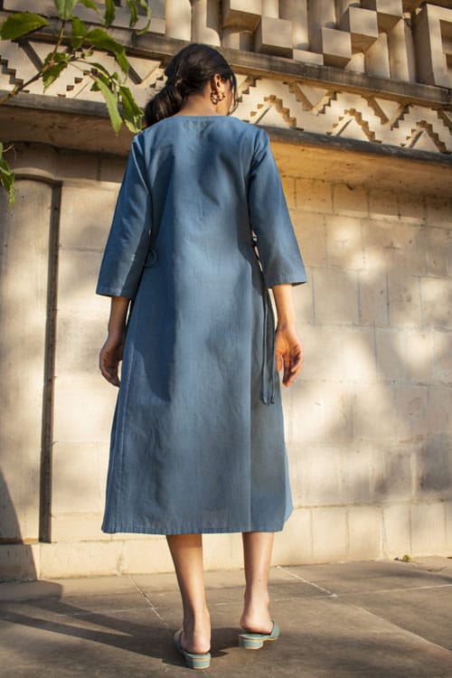 Akriti Blue Handwoven Extra-Weft V neck Dress view 2