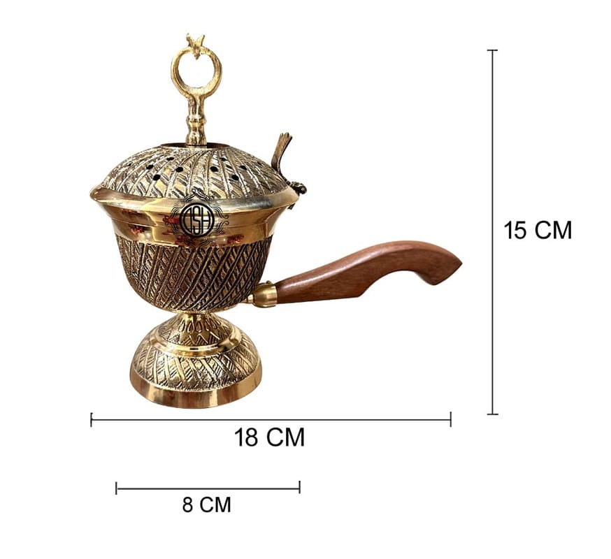 Brass Dhuna Loban Burner with Wooden Handle Dhoop Dani Dhooni Decorative Insence Burner Holder and Gift Items (LBN-17-MOONstar) view 2