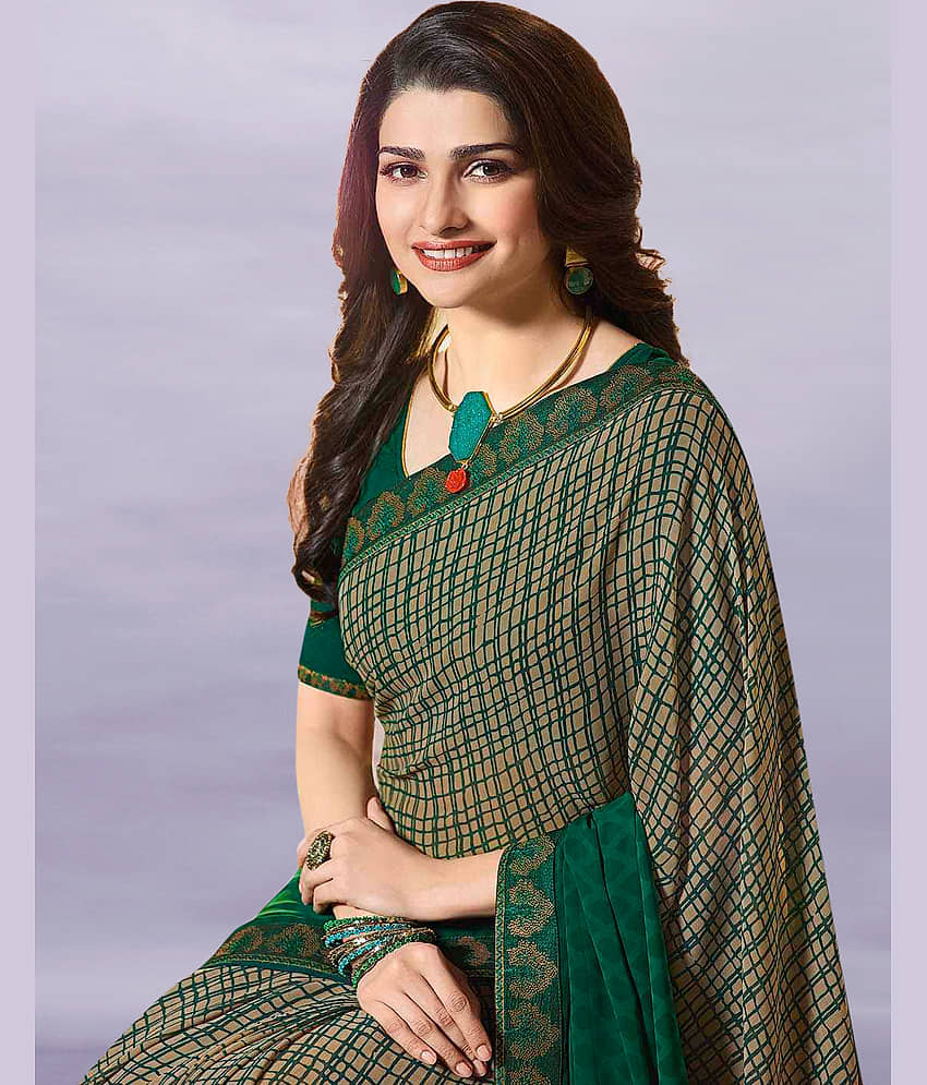 BLEESBURY Chiffon Checks Saree With Unstitched Blouse Piece ( Green ) view 2