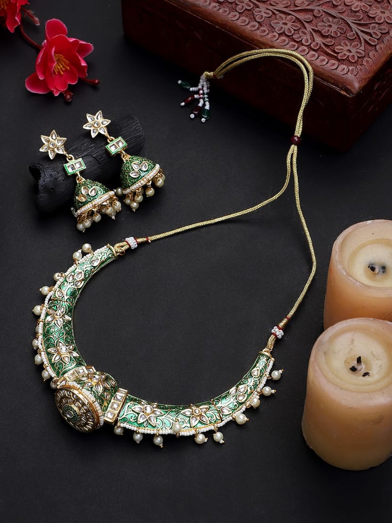 Green Color Minakari Rajwada Hansli Choker Kundan Necklace Set & Jhumki view 2