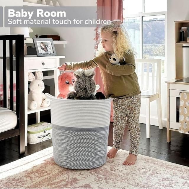 Generic Cotton Pack Of_1 12x14 Inch Storage Basket For Clothes (Grey-White)-PID66434 view 2