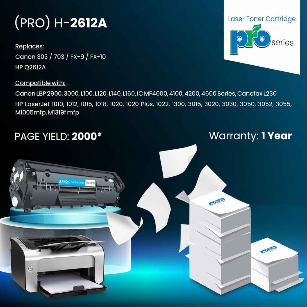 ProDot (PRO H-2612X Laser Toner Cartridge for HP Q2612A & Canon CRG 303/703/FX-9/FX-10 Compatible with HP Laserjet 1010-1020, 3015-3055 & Canon LBP 3000, L160 IC, MF4000 view 2