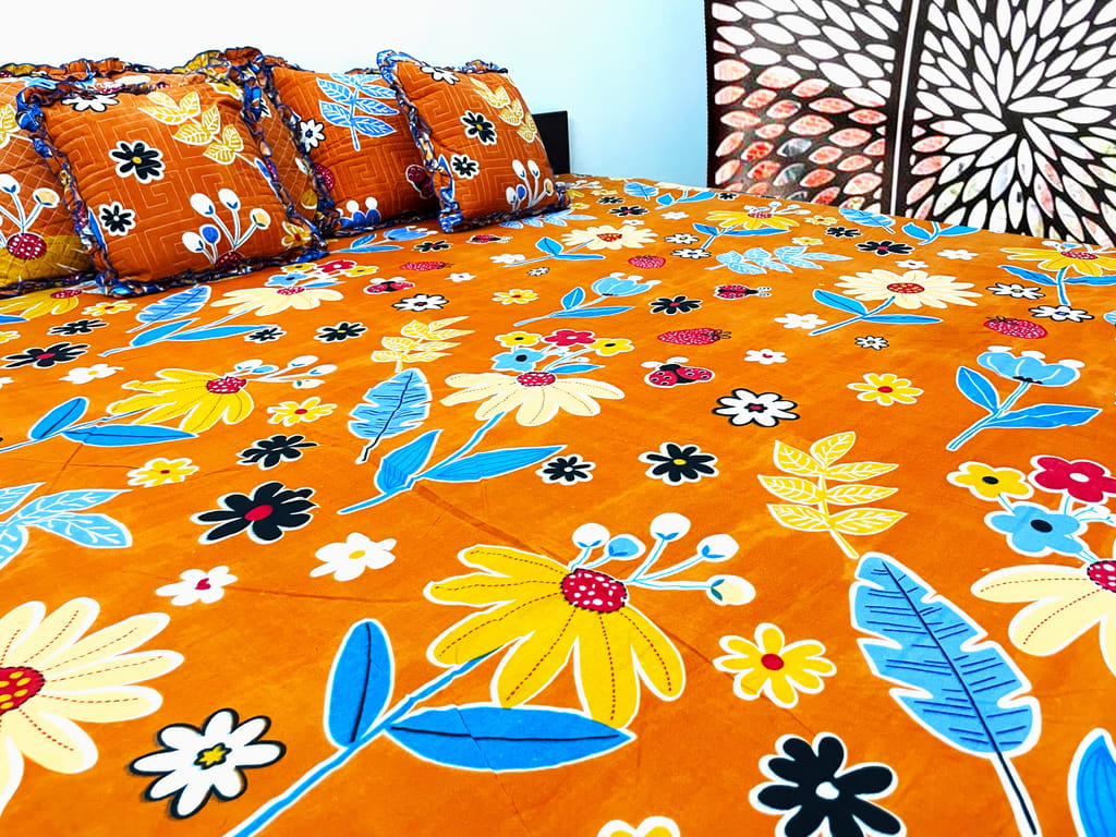 Omkar by R3 Inc. 250 TC Floral Print Heavy Cotton Satin Double Bed Sheet with Pillow Cover & 2 Filled Cushion -Set of 5 Pcs / Bed in a Bag view 2