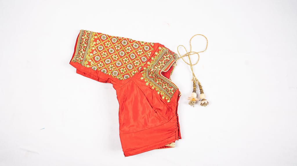 Red Embroidered Blouse with Golden Beads and Stones view 2