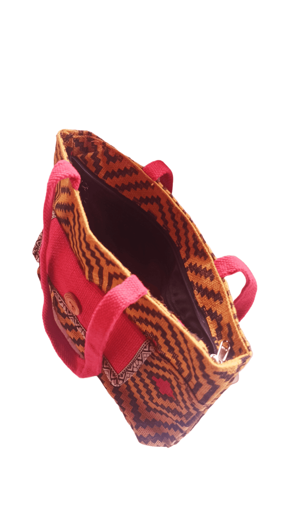 Handmade Jute Tote Bag with Red Cotton Pocket and Button Detail view 2