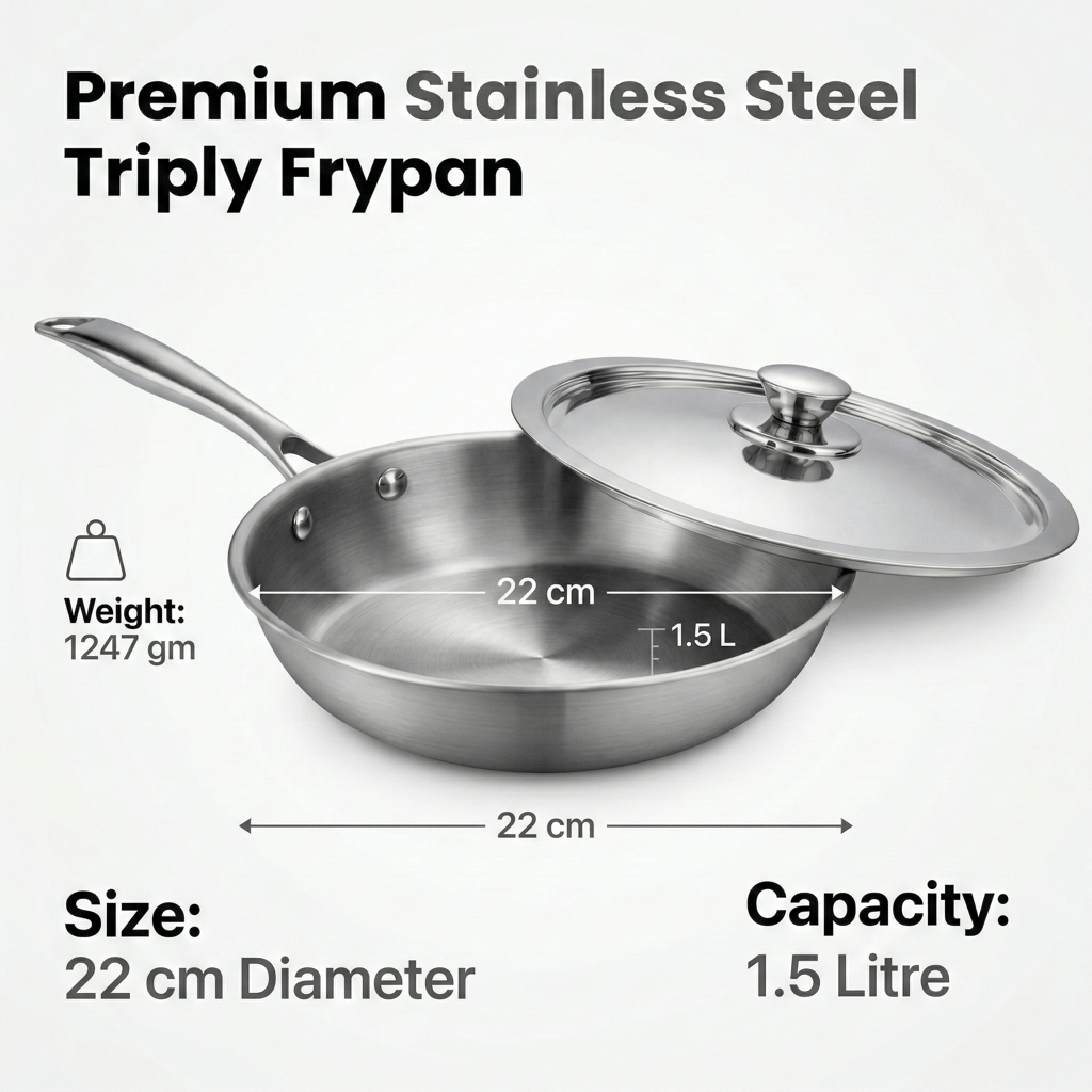 WEKTU Triply Stainless Steel Frypan with Stainless Steel Lid– 3-Layer Heavy-Gauge Frying Pan with Riveted Cool Touch Handle | Induction & Gas Compatible Skillet view 2