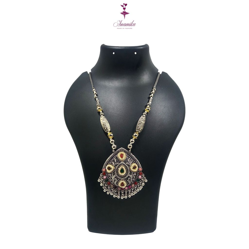 ANAMIKA Luxury Handcrafted Necklace Jewellery Set with Ear Rings, Oxidized, Oval Pendant, Multicolored Stones, Pearls view 2
