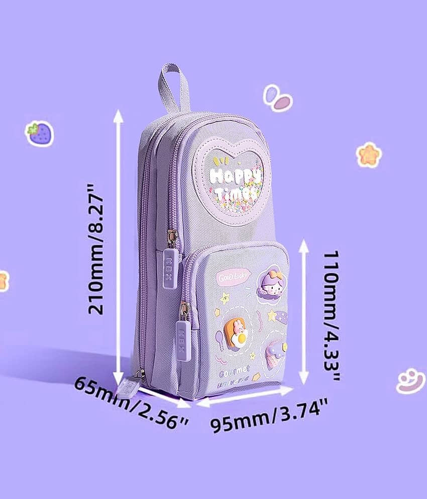Villy Happy Time “Icecream Bear” 3-Layer Large Capacity Pencil Pouch with Star Glitter & 3D Patches – Purple view 2