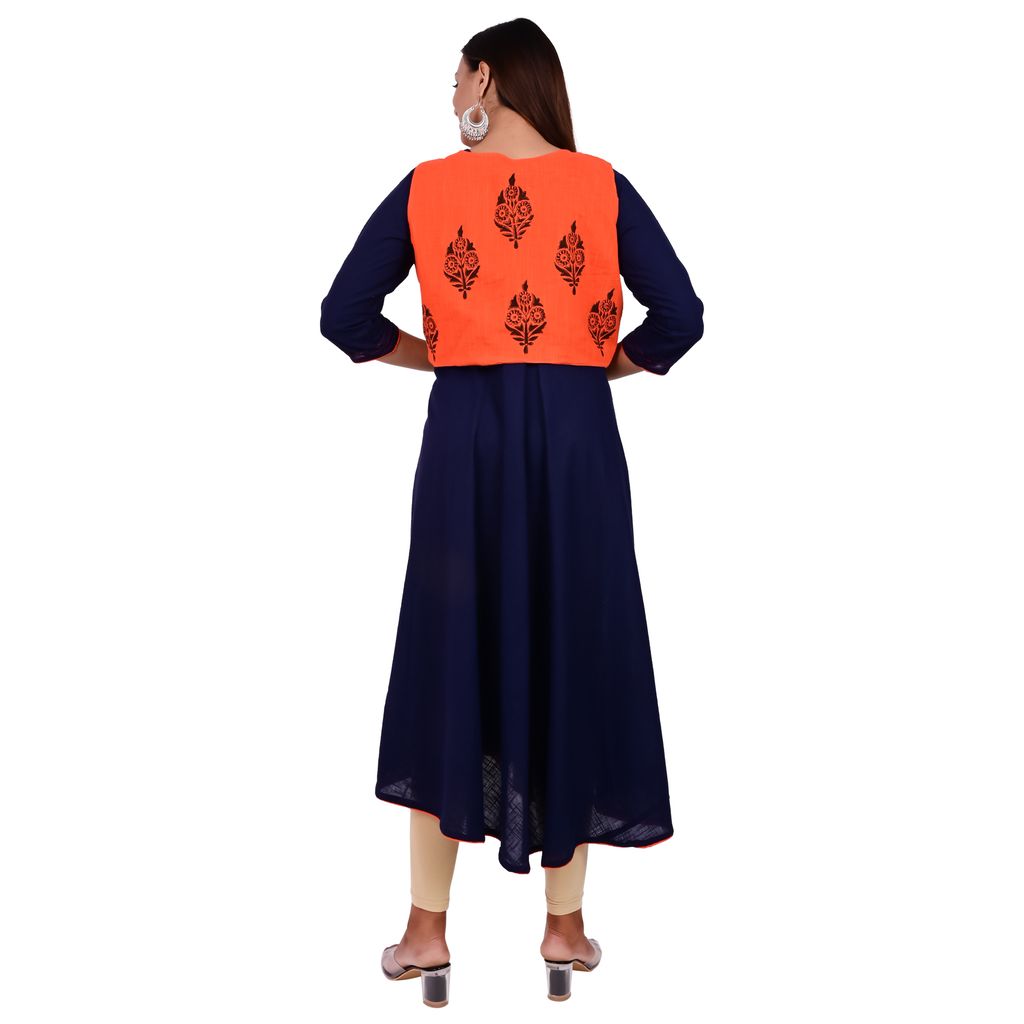 Tribes India Blue Orange Printed Kurti Shrug Set view 2