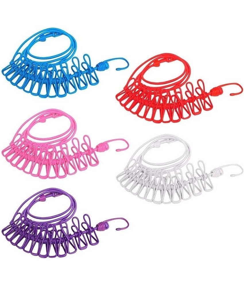 GEEO Multi Functional Portable Drying Rope with 12 Clips and 2 Hooks, Travel Clothesline Rope Clothes Hanging Hook, Outdoor Indoor Wind-Proof Clothesline (Multicolour) view 2