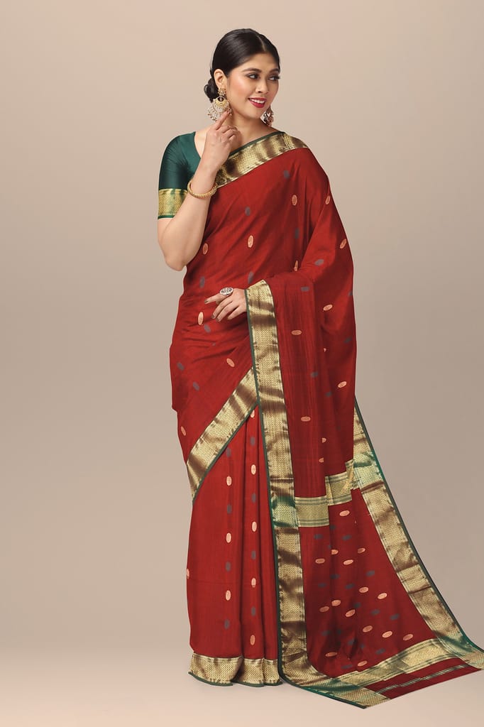 Red Buti Design Handwoven Sausar Silk Saree SKU-BS10104 view 2