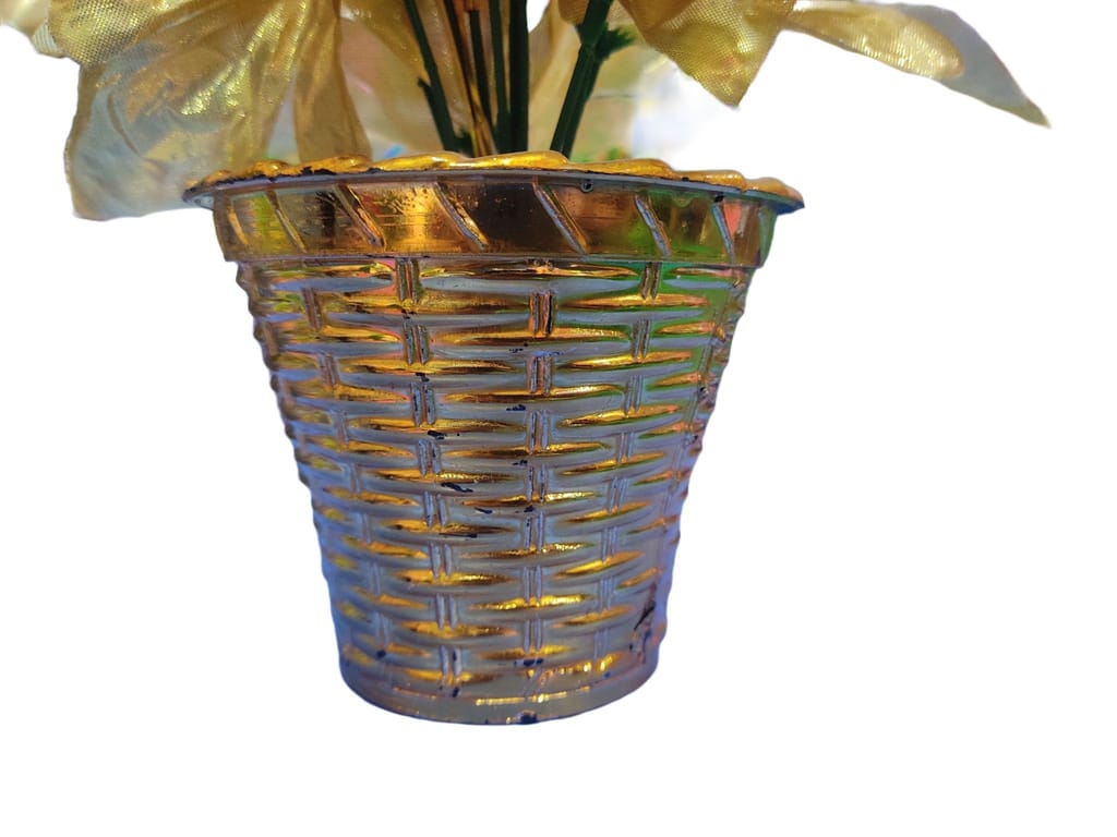 Artificial Flower Potted Plant with Golden Leaves and Purple Flowers for Home Decor view 2