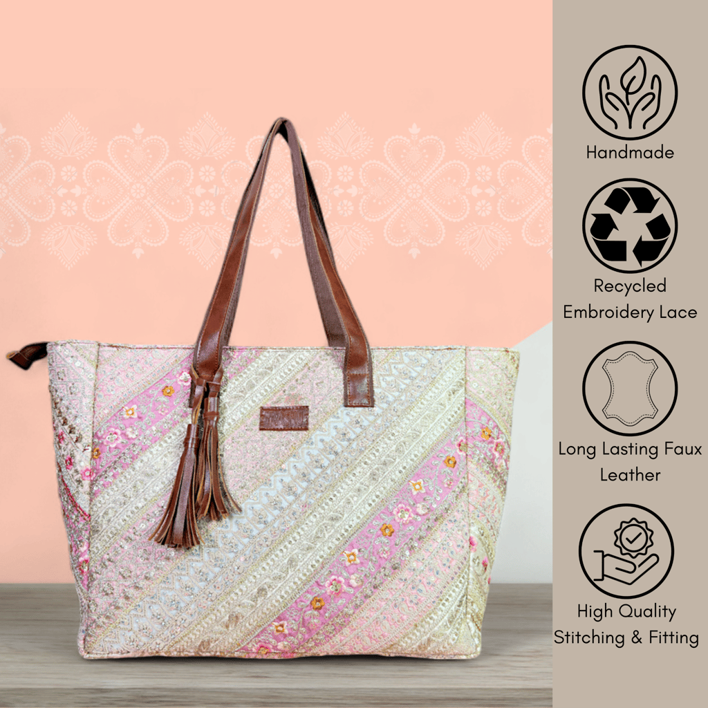 PRASHU Recycled Embroidery Lace Tote Bag Women Handbag For Office, Shopping,Travel & Gifting Shoulder Bag For Women & Girls view 2