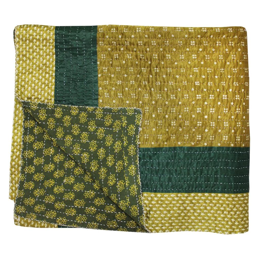 Garvi Gurjari Olive and Majestic Wine Shaded Mashru Double Bed Patchwork Quilt view 2