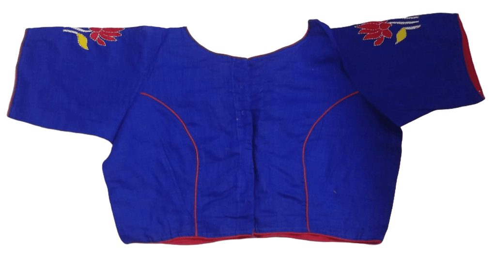 Blue cotton blouse with red and yellow floral embroidery view 2
