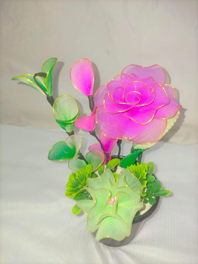 Handmade Pink Nylon Artificial Flowers with Pot view 2