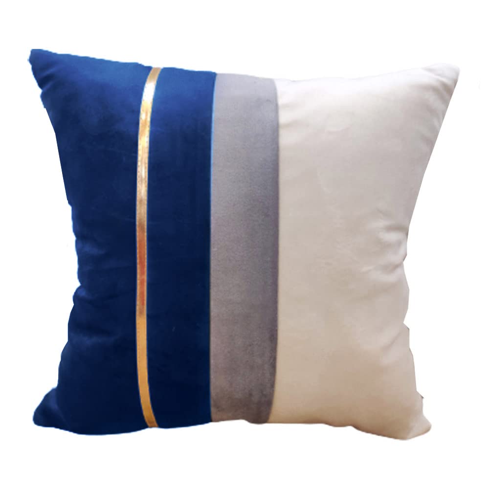 GOODVIBES Blue Beige Gold Leather Striped Patchwork Velvet Cushion Case Luxury Modern Throw Pillow Cover Decorative Pillow for Couch Living Room Bedroom Car| 16X16 Inches | 40cm * 40 cm I Set of 2| view 2